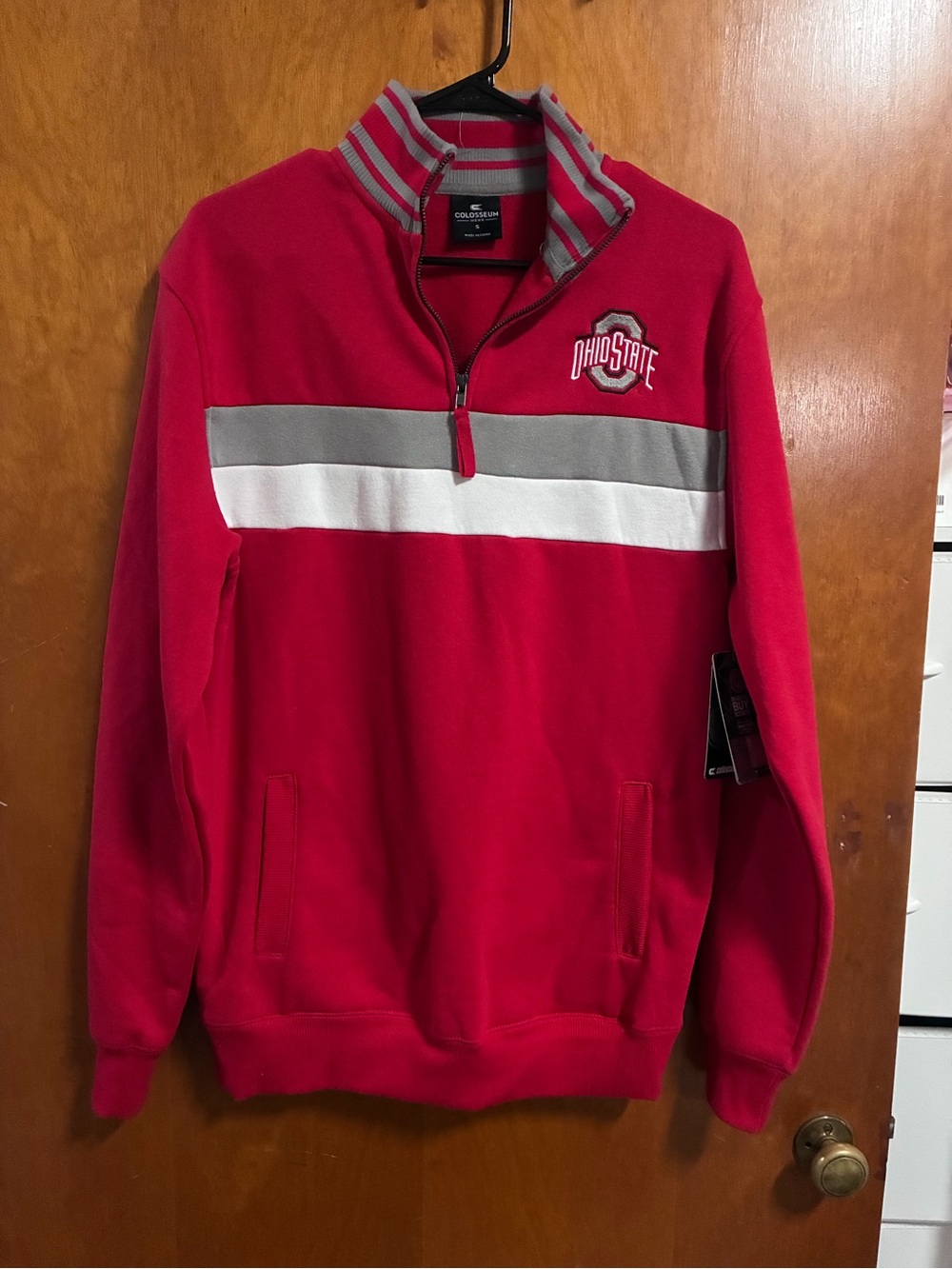 Colosseum Ohio State Red Quarter-Zip Sweater with Gray and White Stripes
